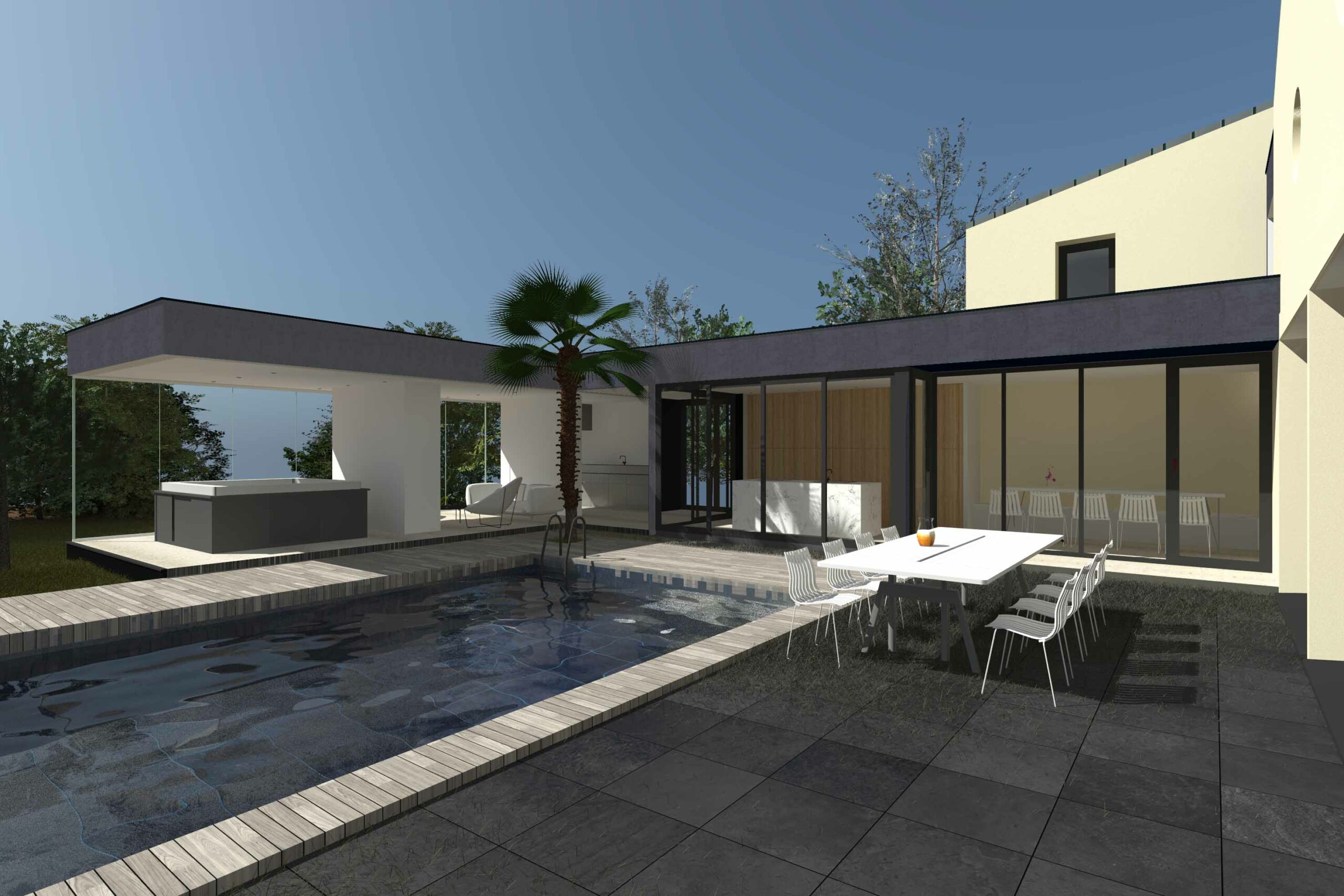 Aménagement extérieur de l'Extension maison Le Tronchet avec piscine et jacuzzi