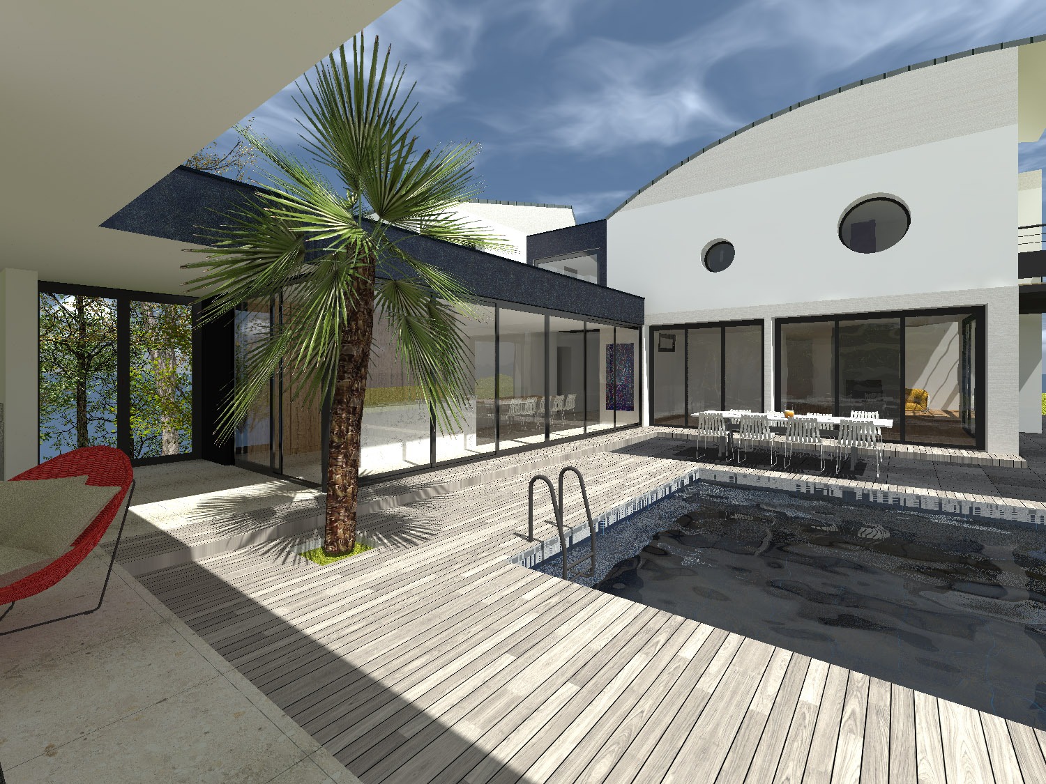 Piscine et terrasse en bois avec palmiers devant l'Extension maison Le Tronchet