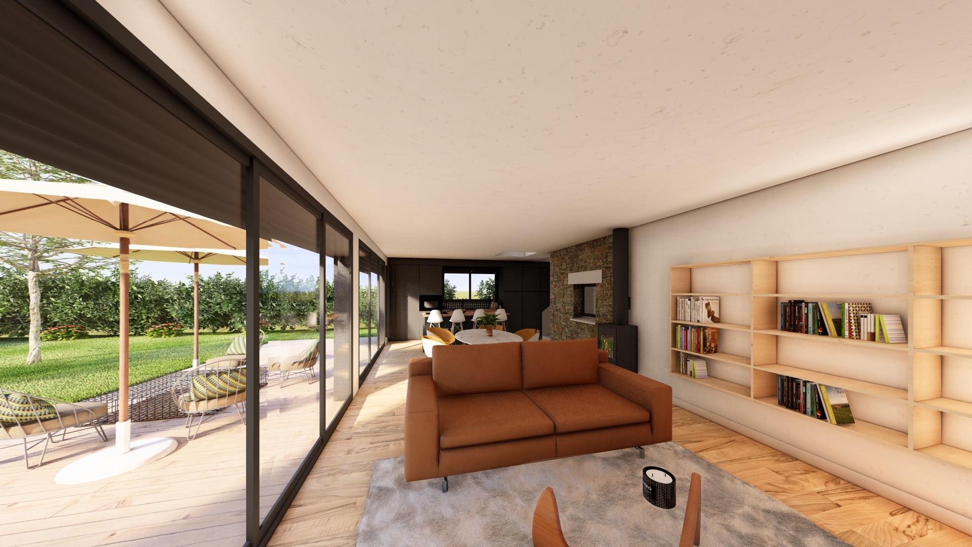 Rendu 3D du salon avec baie-vitrée donnant sur la terrasse