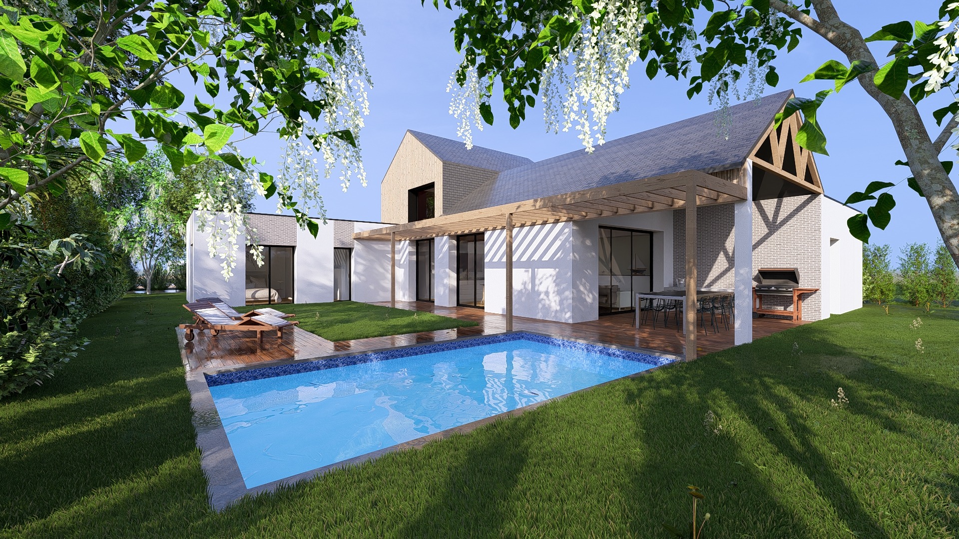 Vue latérale. Perspective 3D Maison neuve contemporaine à Betton avec piscine extérieure, terrasse bois et pergola.