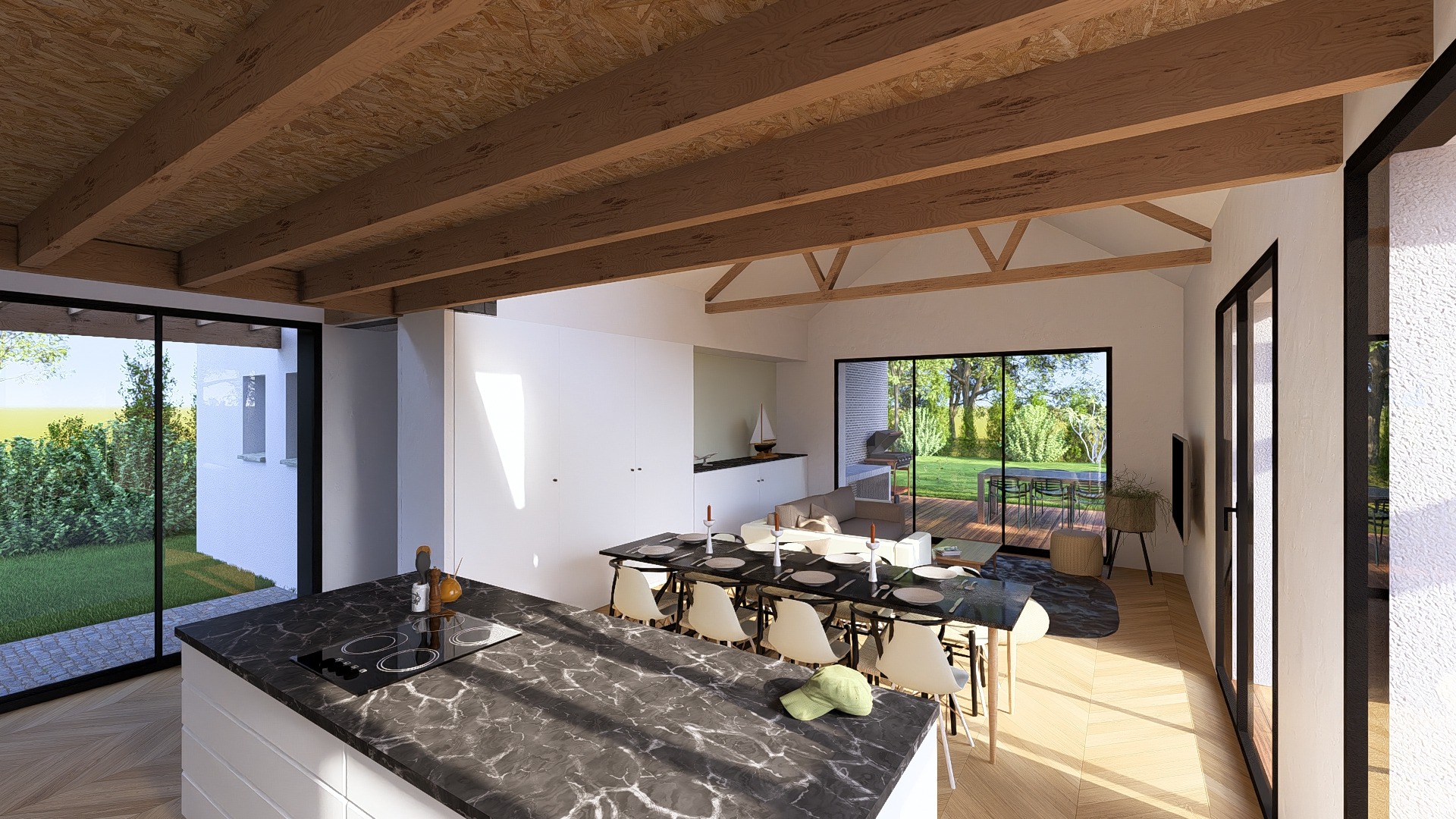 Intérieur moderne avec cuisine et salle à manger ouverte pour construction maison Betton.