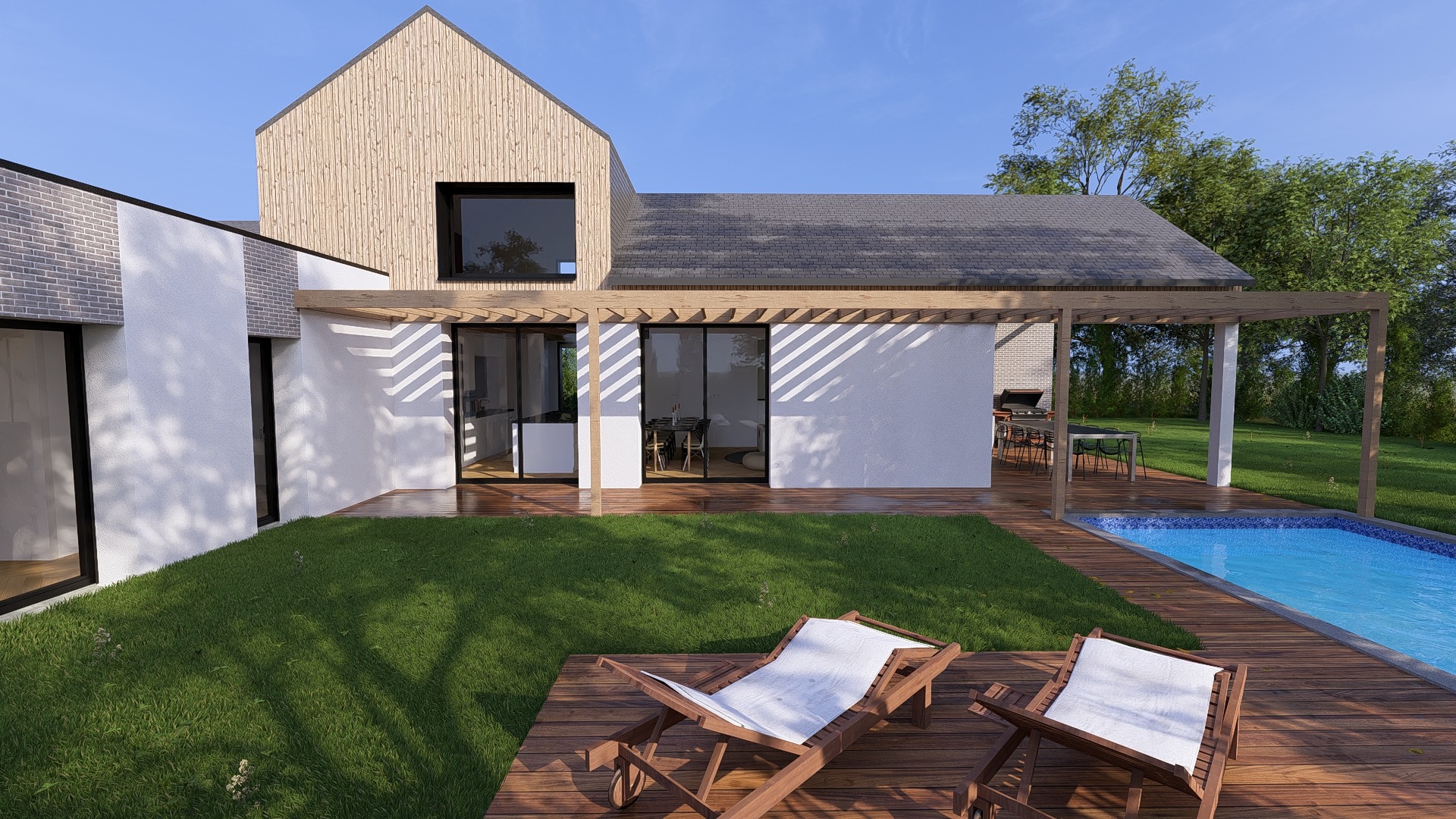 Façade et terrasse avec chaises longues de la construction maison Betton