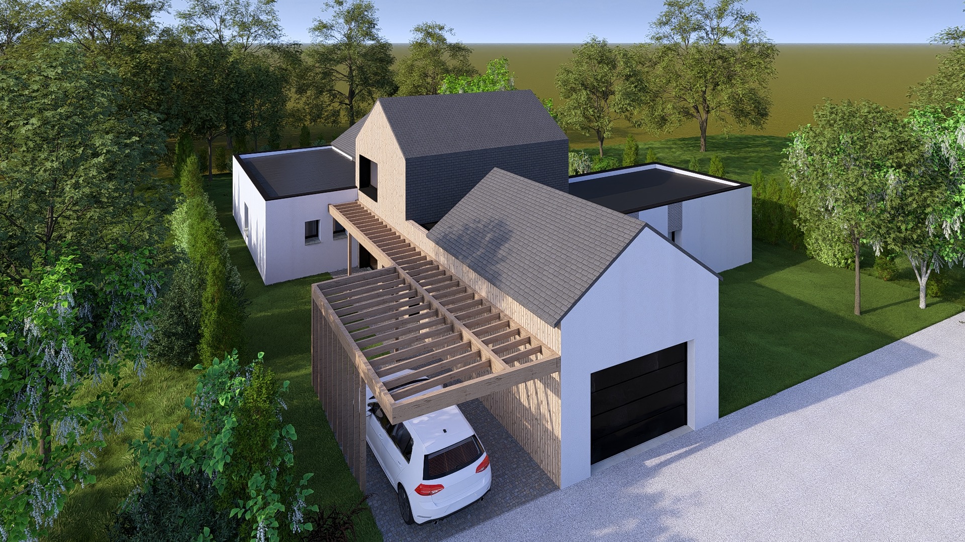 Rendu 3D : vue aérienne de la construction maison Betton avec garage et carport