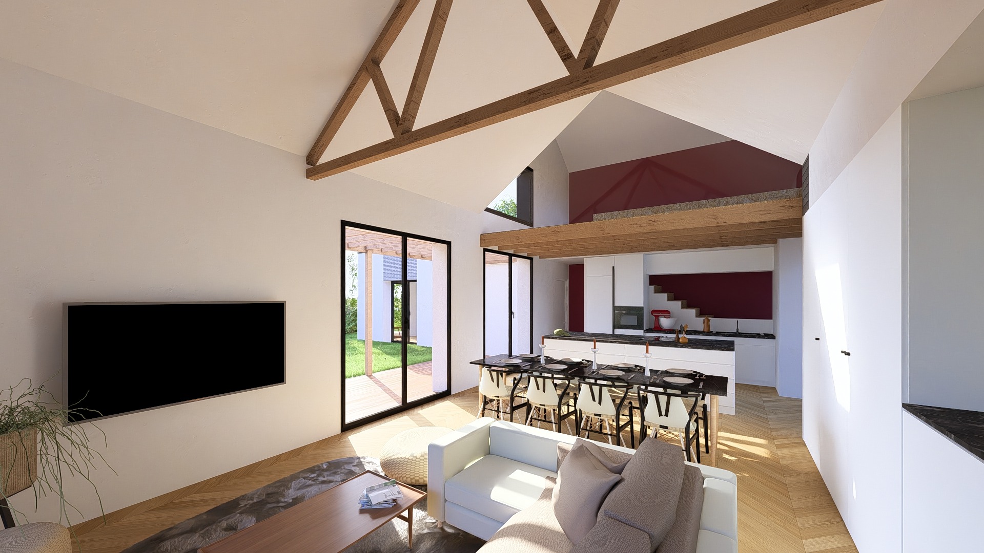 Intérieur moderne avec cuisine et salle à manger ouverte sur le salon pour construction maison Betton