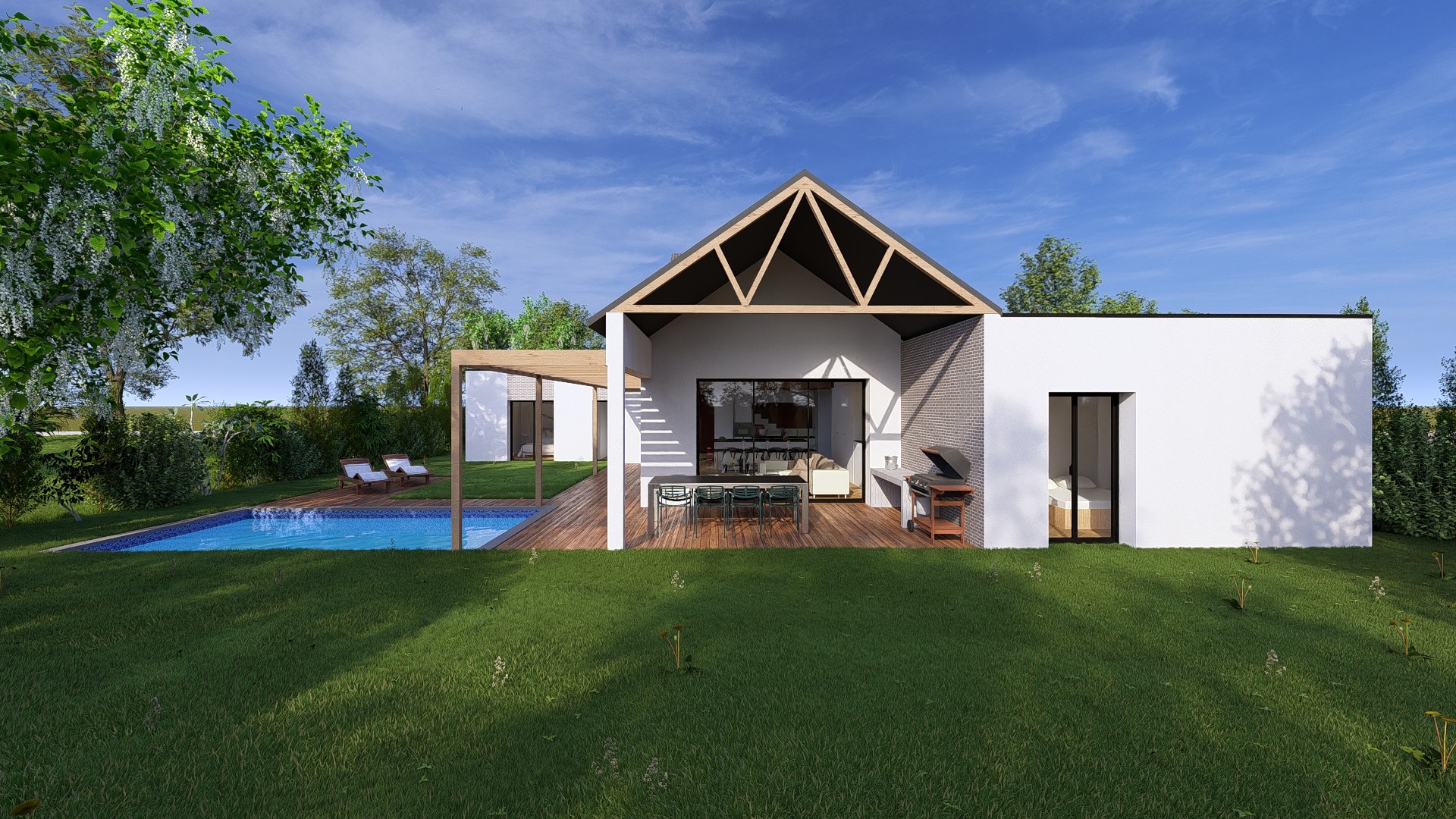 Perspective 3D Maison neuve contemporaine à Betton avec piscine extérieure, terrasse bois et pergola.