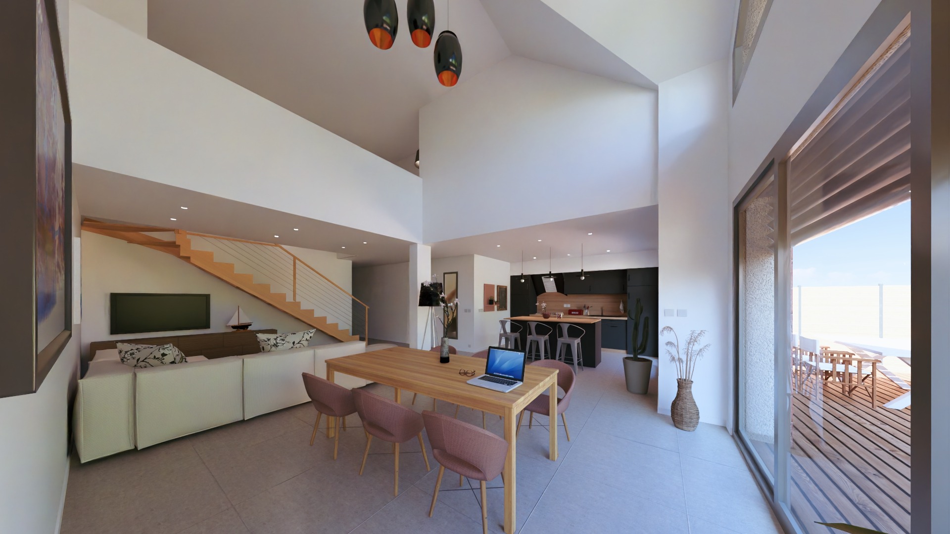 Design intérieur : Cuisine ouverte sur salon et salle à manger